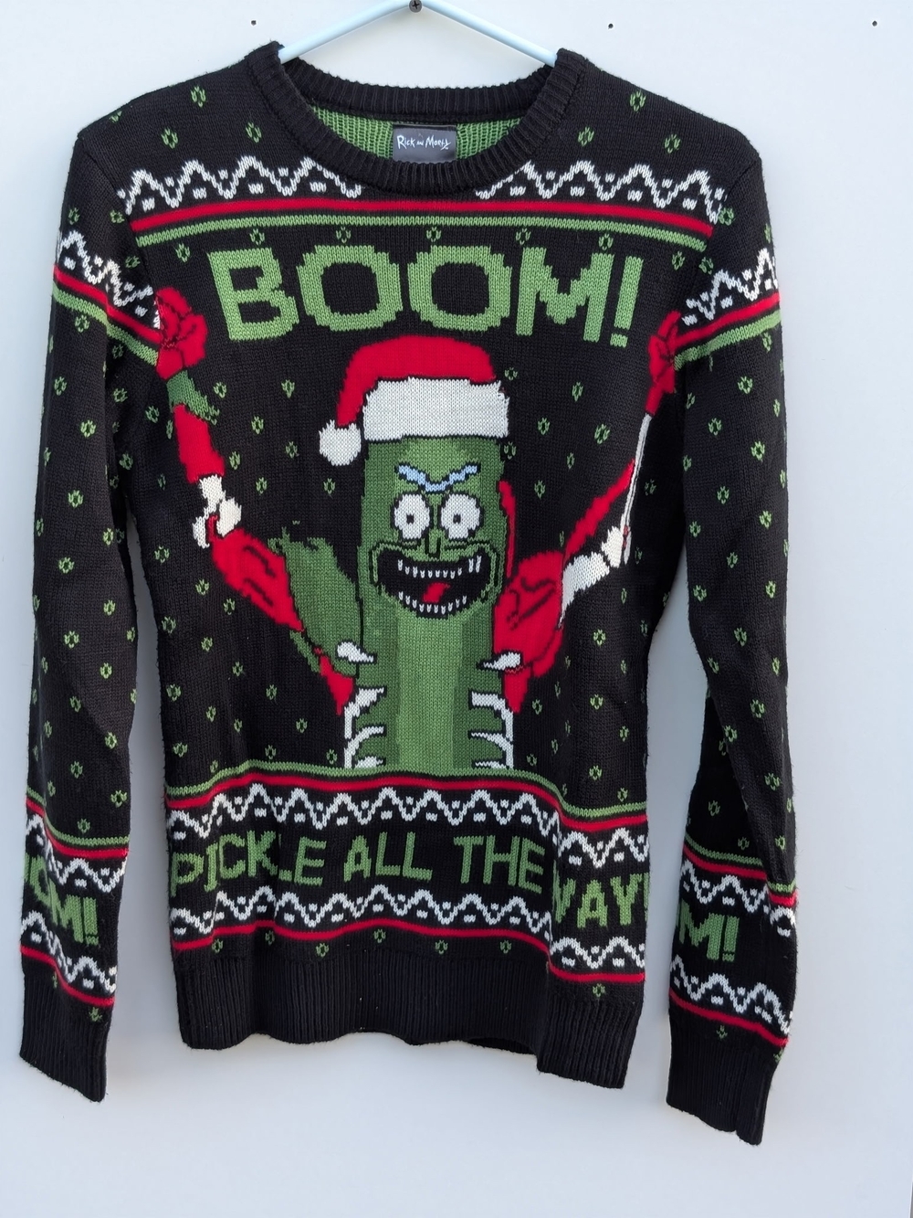 Rick and Morty Pickle Rick Holiday Crewneck Sweater - Black/Green
